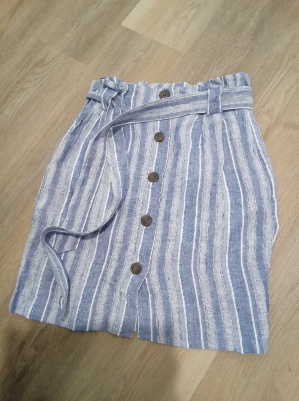 H&M Sz 4 Linen Soft Blue & White Strip Button Front Mini Skirt Tie Belt